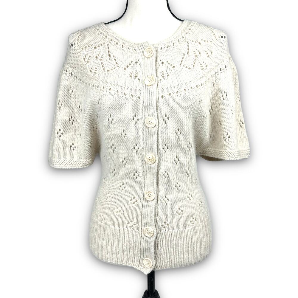 Cynthia Rowley Soft Angora Blend Cream Sweater Short Sleeve Button Front Size XS - Picture 2 of 7
